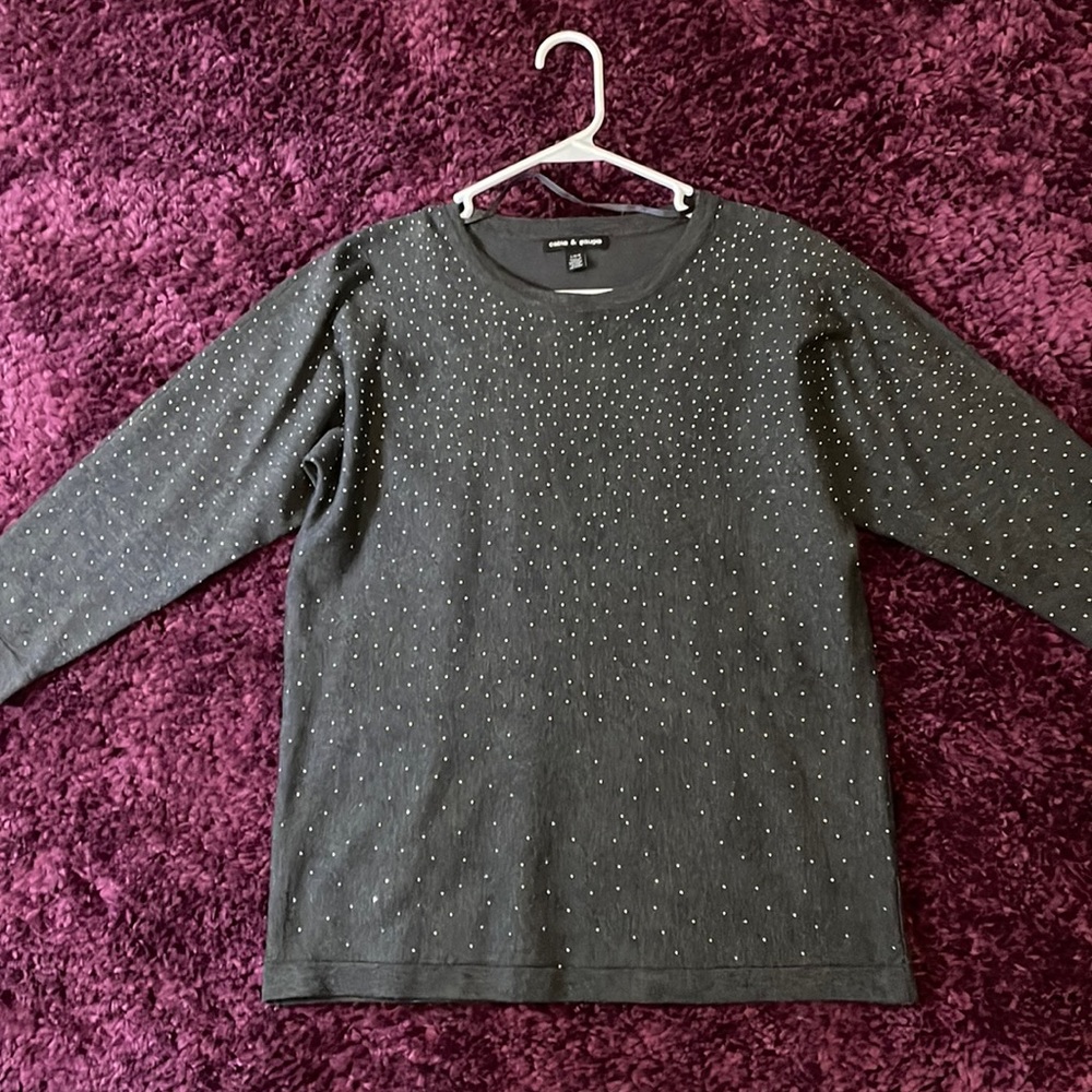 Gray, “metallic” style studded sweater. Size large.